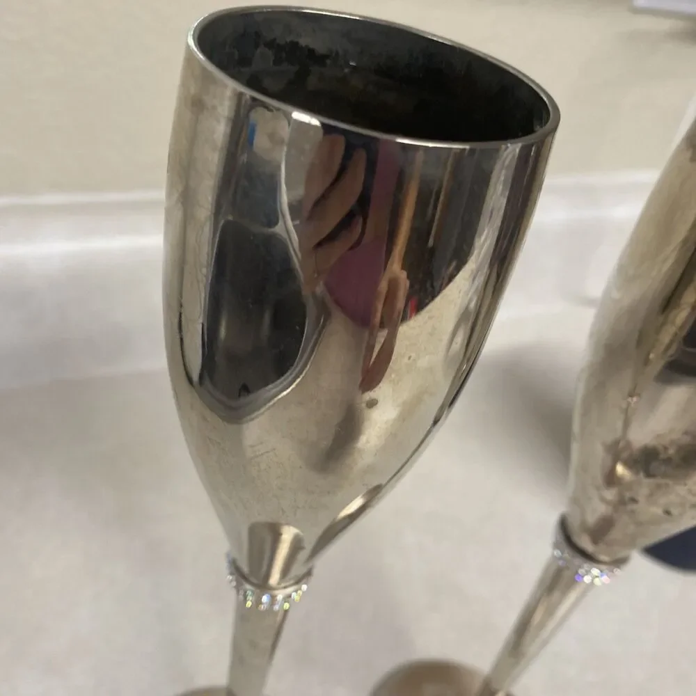 Things Remembered Silver Plated Swarovski Crystal Champagne Toasting Flutes Set